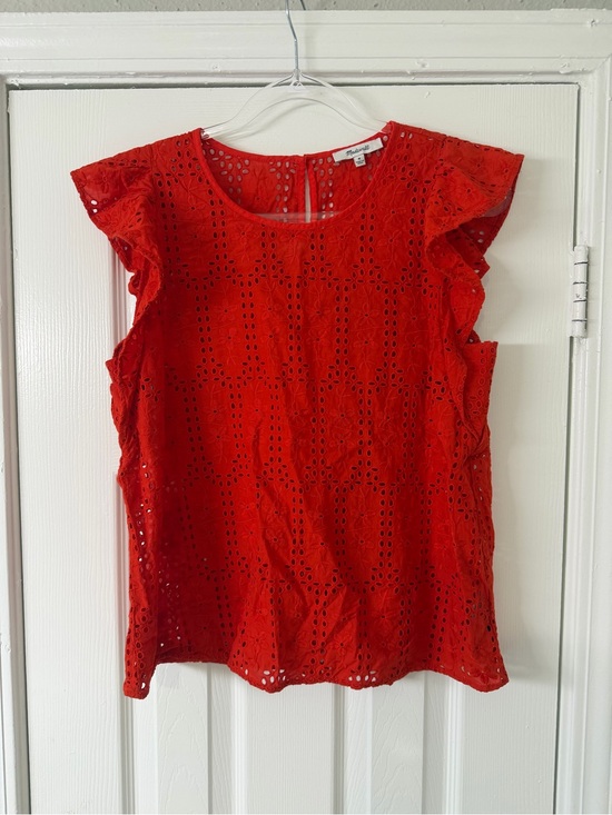 Madewell Tops - Madewell Red Eyelet Flutter Sleeve Top Size Medium 100% Cotton Boho Cottagecore